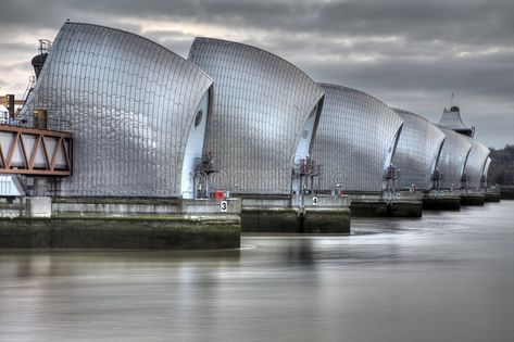 Thames Barrier. View of the Thames Barrier, showing six of the nine concrete pie , #SPONSORED, #showing, #concrete, #piers, #Thames, #Barrier #ad Thames River Cruise, Thames Barrier, Flood Barrier, London Attractions, Gateway Arch, Storm Surge, Famous Architects, London Town, Steel Buildings