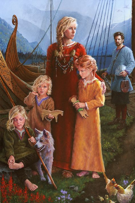 Finished 4' x 6' Viking Family Portrait painting by Myron Sahlberg, now in the permanent collection of the Runestone Museum, Alexandria, Minnesota, USA. Title: THE LAST FAREWELL? Viking Family, Alexandria Minnesota, Family Tattoo Ideas, Scandinavian History, Norse Myth, Viking Life, Family Tattoo, Viking Culture, Historical Painting