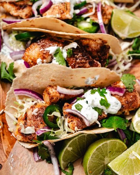 Blackened Snapper Tacos with Cilantro Lime Sauce Snapper Tacos Fish Recipes, Red Snapper Fish Tacos, Yellowtail Fish Tacos, Red Snapper Tacos Recipe, Yellow Snapper Recipe Fish, Yellowtail Fish Recipes, Snapper Veracruz Recipe, Snapper Fish Tacos, Red Snapper Tacos