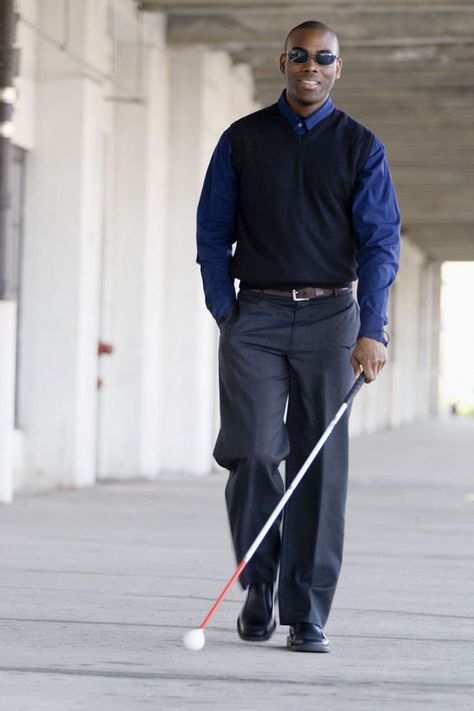 Blind young man walking on the sidewalk, with  a white cane Disabled Drawing, Seated Exercises, Cord Blood Banking, People Png, Lose Thigh Fat, Disabled People, Mobility Aids, Black Person, Low Impact Workout