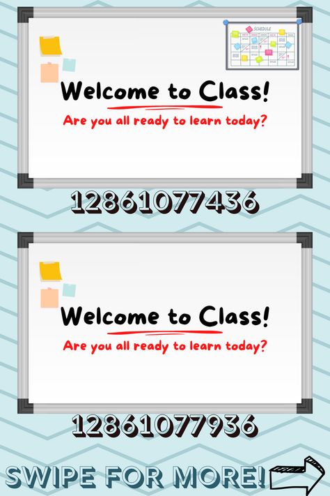 If you do not feel like always having to change the board, here is a general class whiteboard decal for your bloxburg classes :) Feel free to check out the other school related decals I made in my profile! #roblox #bloxburg #bloxburgdecals #robloxdecals #bloxburgschool #bloxburgschooldecals #robloxschooldecals Bloxburg Timetable Decals, Bloxburg School Board Decal Codes, Bloxburg Homework Decals, Bloxburg School Room Decals, Cooking Class Decals Bloxburg, Aesthetic School Bloxburg, Bloxburg School Decal Codes Music, Bloxburg School Locker Decal Codes, Bloxburg Drama Class Decals