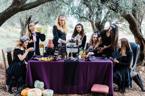 Goth Tea Party, Tea Party In The Woods, Dark Snow White, Gothic Tea Party, Gothic Bachelorette, Party In The Woods, Dark Snow, Halloween Tea Party, Victorian Tea Party