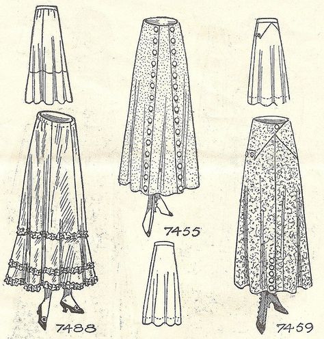 Ladies skirts and petticoat styles from Needlecraft Magazine, December 1915. #Edwardian #vintage #fashion 1915 Fashion, 1918 Fashion, Silent Sky, Petticoat Pattern, Fashion 1910, Ladies Skirts, 1900s Fashion, 1910s Fashion, Edwardian Dress