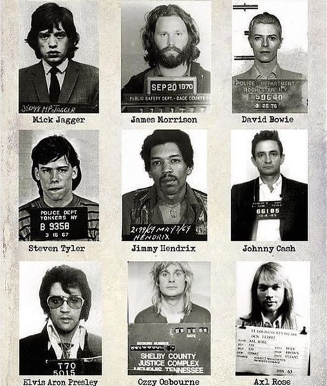 Mugshots of different rockstars c. 1950 onwards - 9GAG Celebrity Mugshots, Rock N Roll Art, Rock Band Posters, Rock And Roll Bands, Steven Tyler, Rock N’roll, Rock Posters, Jim Morrison, Ozzy Osbourne