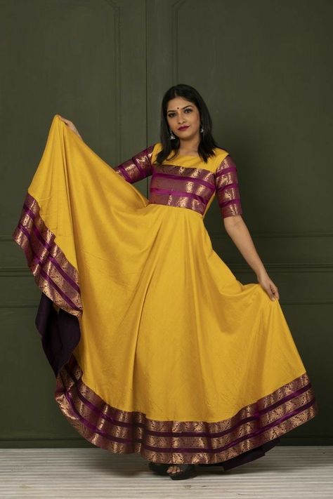 Dress From Saree Anarkali, Anarkali Dress Pattern From Saree, Silk Saree Gown, Narayanpet Long Frocks, Suit Sharara, Plazzo Suit, Western Suit, Saree Gowns, Long Frock Designs