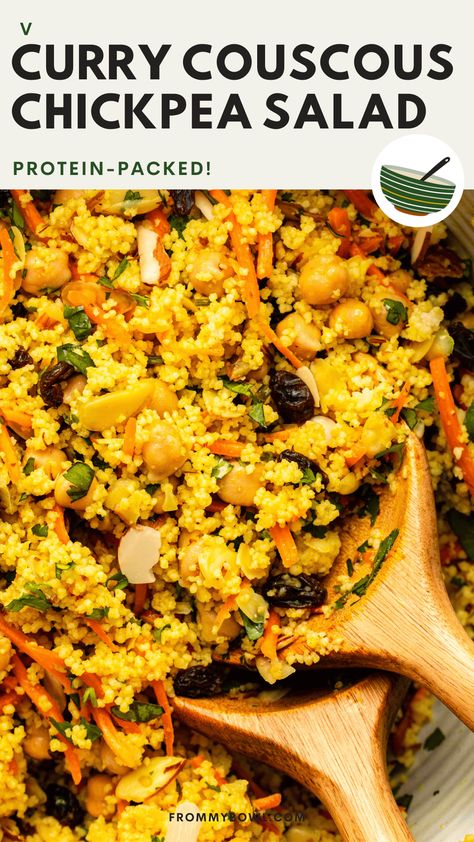 This Curry Couscous Chickpea Salad is a colorful and filling Indian-inspired fusion dish that makes for a perfect make-ahead lunch! Vegan. Curry Couscous Salad, Vegan Couscous Salad, Couscous Chickpea Salad, Couscous Chickpea, Vegan Couscous Recipes, Curry Couscous, Salad Gourmet, Indian Salad, Plant Plate