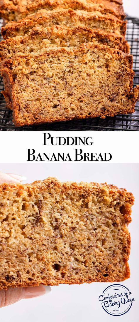 You're going to love this secret ingredient banana bread. Try adding a box of instant pudding for a delicious pudding banana bread recipe. Banana Bread Recipe With Vanilla Pudding, Banana Pudding Bread Recipe Easy, Banana Bread Recipe Pudding, Banana Pudding Bread Recipe, Banana Bread With Vanilla Pudding, Pudding Banana Bread, Banana Bread With Pudding, Banana Bread With Banana Pudding, Banana Bread From Cake Mix Recipe