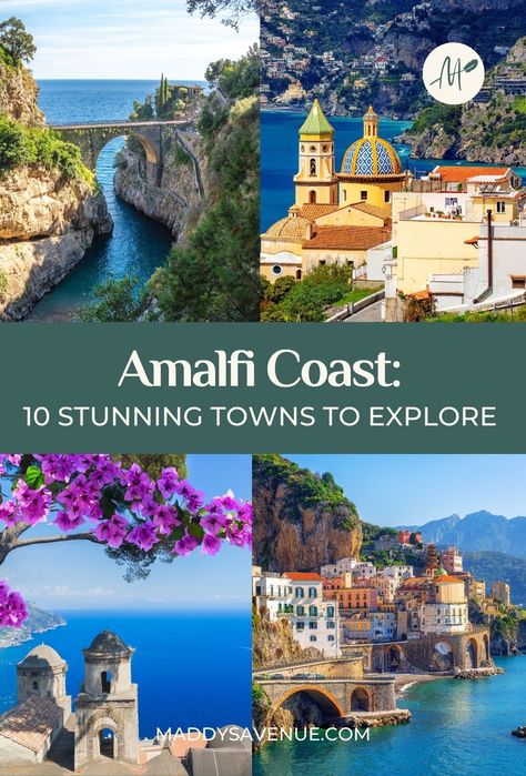 Immerse yourself in the charm of 10 stunning Amalfi Coast Italy towns! Find the best towns on the Amalfi Coast and destinations for adventurers, families, and romantic getaways. Dive into what to see, do, and eat in each town. Ready to plan your dream Italian escape? Tap the pin to discover the best towns to stay in Amalfi Coast! | Italy Travel Guide What To Do In Positano Italy, Best Amalfi Coast Towns, Places To Travel In Italy, Mediterranean Itinerary, Almafi Coast Italy, Positano Italy Amalfi Coast, Amalfi Coast Hotels, Amalfi Coast Travel Guide, Amalfi Coast Towns