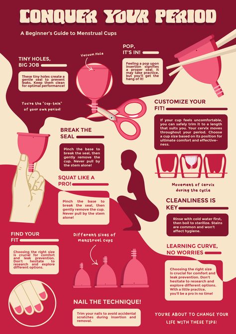 Here's a few small but mind-blowing tips for new menstrual cup users!   This infographic poster is originally ideated and illustrated by me. Menstral Cup, Illustrated Infographic, Period Cramp Relief, Menstrual Cups, Period Hacks, Cramps Relief, Infographic Poster, Infographic Illustration, Baking Soda Shampoo