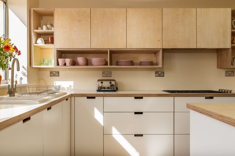 Niche Interior Design, Wall Shelves Kitchen, Ply Kitchen, Birch Kitchen, White Formica, Plywood Kitchen, Wood Works, Birch Ply, White Birch