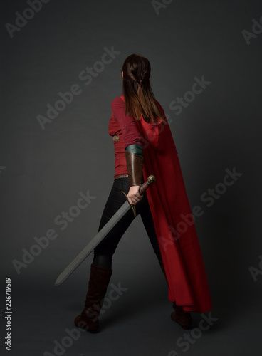 Figure Drawing Practice, Grey Studio, Standing Pose, Medieval Costume, Standing Poses, Studio Background, Brunette Girl, Wearing Red, Girls Wear