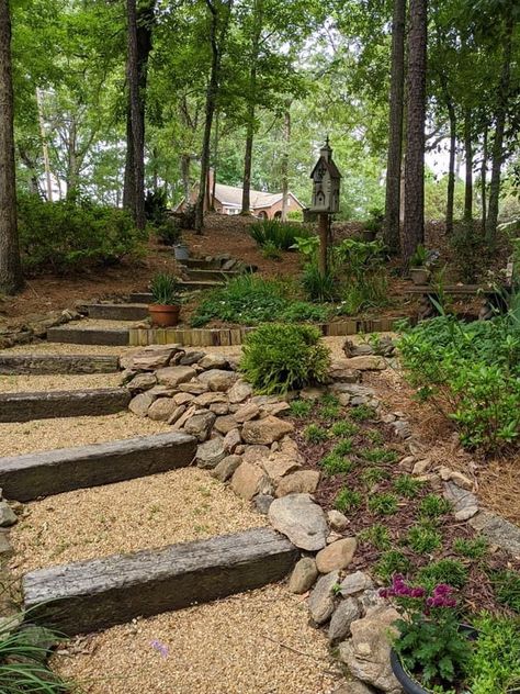 Landscaping Around Barndominium, Wood Steps On Hillside Sloped Yard, Large Sloped Yard Landscaping, Backyard Forest Ideas, Sloped Walkway, Landscaping Acreage, Yard Steps, Wooded Backyard Landscape, Acreage Landscaping