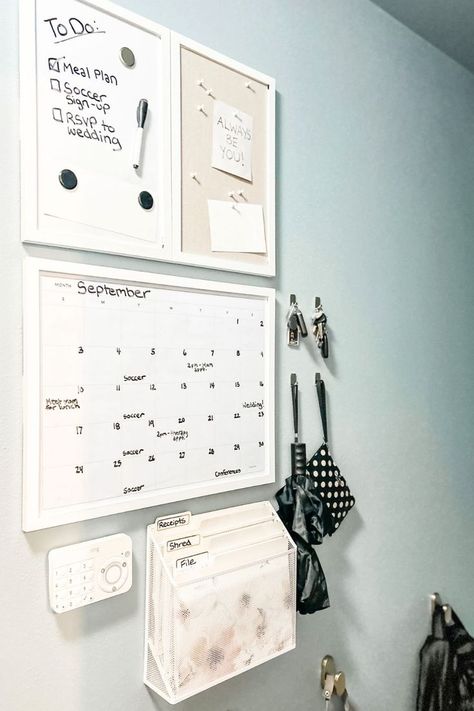 Home command center wall with dry erase board, bulletin board, dry erase wall calendar, key hooks, backpack hook, and file folders for paper clutter. Drop Station Entryway Command Centers, Small Space Command Center, Entryway Command Center, Family Organization Station, Family Organization Wall, Family Command Centers, Small Mudroom, Organization Wall, Home Command Center