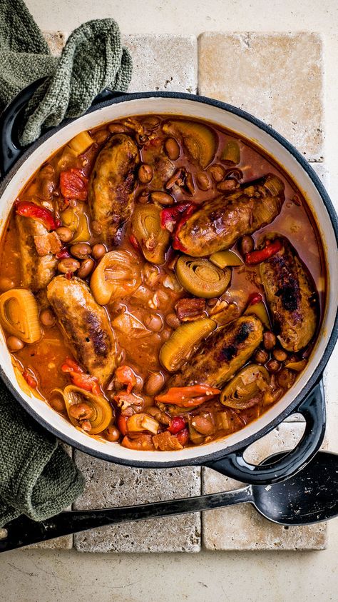 Slow-cooker sausage casserole in a dish with casserole dish Sausage Casserole Slow Cooker, Slow Cooker Sausage Recipes, Sausage And Bean Casserole, Borlotti Beans, Slow Cooker Beans, Sausage Stew, Cold Weather Comfort Food, Beans And Sausage, Winter Warmers Recipes