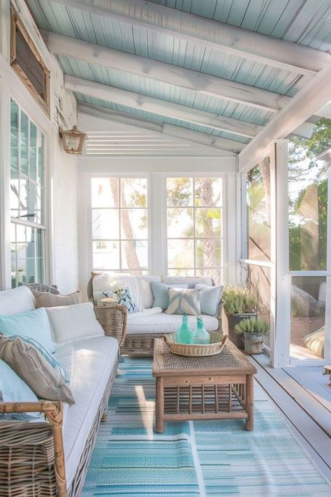 Emslifeandloves Cottage Porch Decor, Coastal Front Porch Ideas, Cottage House Decor, Beach Cottage Ideas, Beach Porch, Cottage House Exterior, Screened Porch Designs, Cottage Porch, Beach Patio