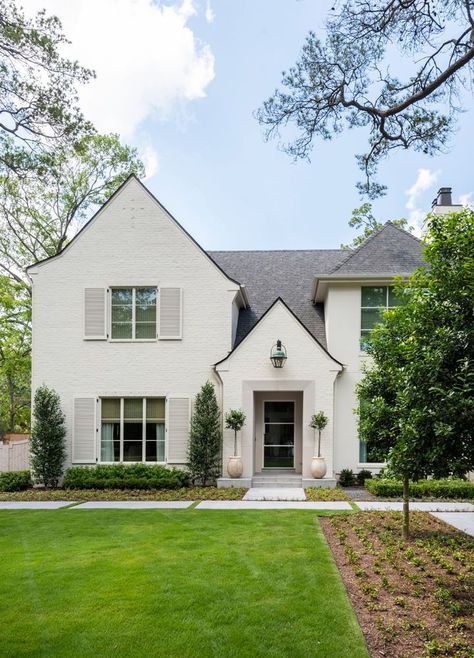 White Brick House Exterior, White Painted Brick Exterior, White Home Exterior, Painted Brick Exteriors, Painted Brick Walls, White Shutters, Painted Brick House, Transitional Exterior, Stucco Homes