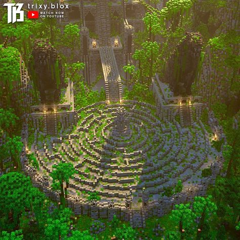 Minecraft Labyrinth Ideas, Circle Building Minecraft, Jungle Kingdom Minecraft, Minecraft Ruined City, Minecraft Abandoned Village, Medieval Nether Portal Design, Minecraft Nuclear Plant, Jungle City Minecraft, Minecraft Maze Ideas