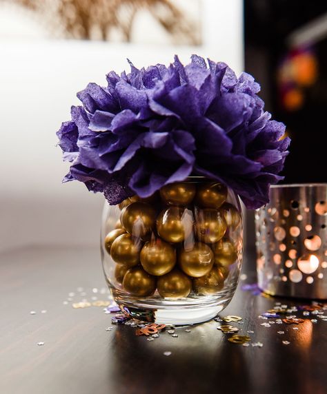 Paper Flower table centerpiece/Purple and gold centerpiece/paper flower arrangement/pom pom decoration/wedding centerpiece/table decor by justyrs on Etsy Paper Flower Table, Birthday Table Ideas, Flowers Arrangements Diy, Centerpiece Purple, Table Centerpiece Flower, Paper Flower Centerpieces, Pom Pom Decorations, Paper Flower Arrangements, Diy Pom Poms