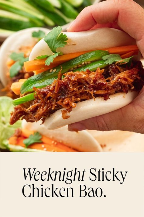 Weeknight Sticky Chicken Bao | This Little Plate. Bao Buns Chicken, Bao Buns Recipe Chicken, Bao Chicken, Chicken Bao Buns Recipe, Hoison Chicken, Asian Pulled Chicken, Chicken Sandwich Filling, Chicken Breast Recipes Slow Cooker, Chicken Breast Slow Cooker