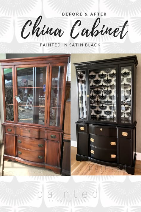 The best satin black paint for furniture. Painted Hepplewhite china cabinet before and after. Black painted china cabinet with brass hardware Black Painted China Cabinet, Watercolor Hacks, Painted China Cabinet, China Cabinet Redo, Mike Holmes, Black Painted Furniture, Painted China Cabinets, Redo Cabinets, Hutch Makeover