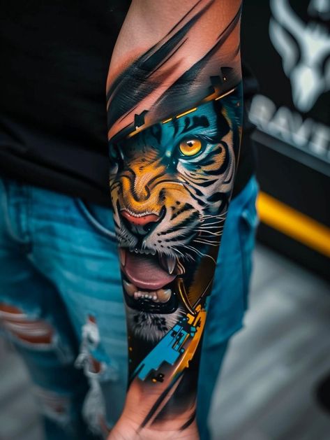 Abstract Tiger Tattoo, Ancient Viking Tattoos, Sketches For Tattoos, Unique Sketches, Positivity Tattoo, Forearm Cover Up Tattoos, Octopus Tattoo Sleeve, Trash Polka Tattoo Designs, Tiger Tattoo Sleeve