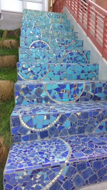 Mosaic steps @Jefferson School Berkeley Mosaic Stairs Indoor, Mosaic Steps Outdoor, Garden Steps Ideas, Mosaic Steps, Barn Tiny House, Mosaic Stairs, Moroccan Garden, Stair Art, Ideas For Garden