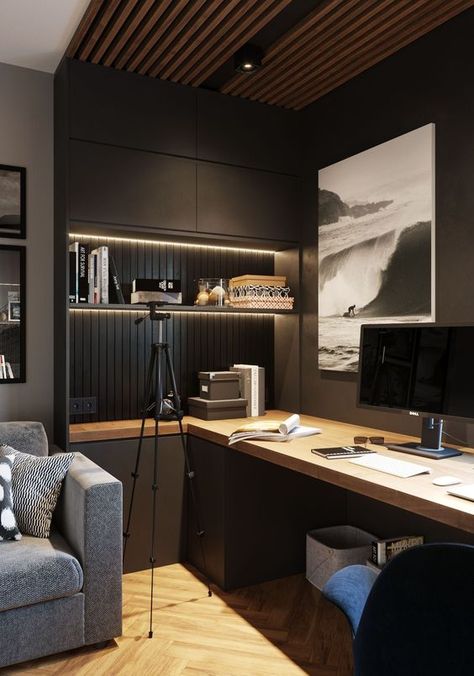 30 Best Home Office Design Ideas So That You Don't Compromise On Style - Hike n Dip Study Table Designs, Modern Home Offices, Dark Modern, Study Room Design, Interior Design Per La Casa, Small Home Office, Modern Home Office, Home Office Setup, Home Office Space