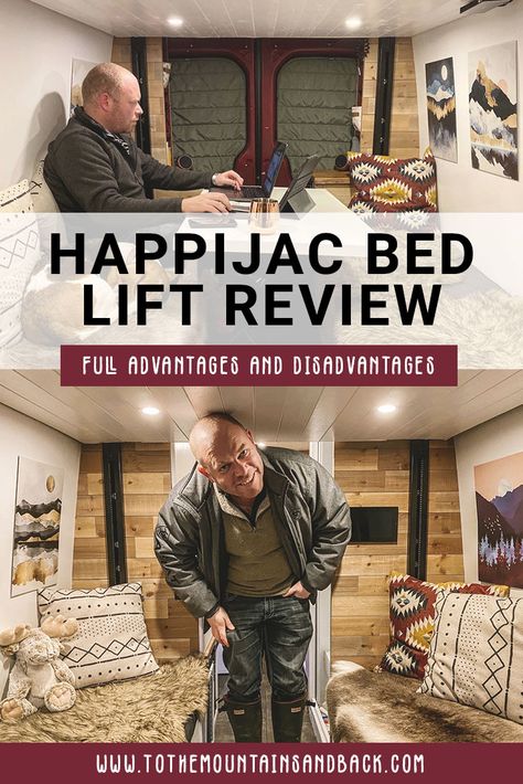 Comprehensive Happijac Bed Lift Review - To the Mountains and Back Van Lift Bed, Rv Bed Lift, Happy Jack Bed Lift, Happijac Bed Lift, Bed Lifters, Teardrop Trailer Interior, Camper Van Bed Lift, Lift Up Bed, Sprinter Camper Conversion