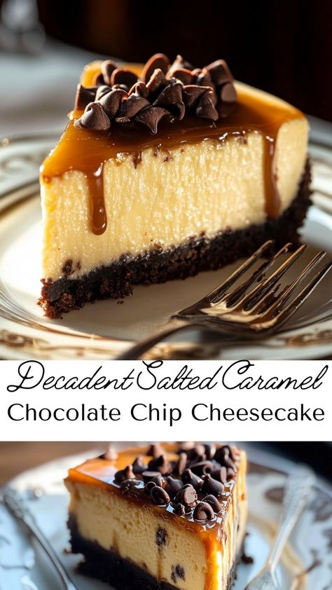 Treat yourself to this Irresistible Salted Caramel Chocolate Chip Cheesecake, a blend of creamy richness and sweet chocolate with a touch of salt. Ideal for fall gatherings, this dessert brings comfort and indulgence to your table. Perfect for your fall dessert collection! Caramel Desserts Easy, Sweet And Salty Desserts, Bourbon Cheesecake, Pumpkin Cheesecake Balls, Chocolate Caramel Cheesecake, Salted Caramel Desserts, Cheesecake Delight, Easy Salted Caramel, Chocolate Covered Cheesecake