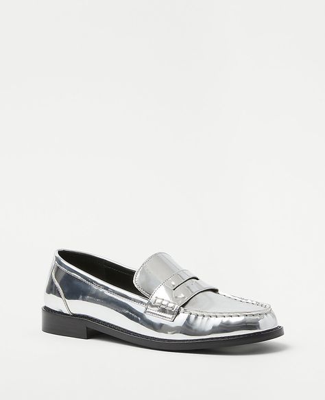 Metallic Gathered Seam Penny Loafers Metallic Loafers, Denim Cap, Knitted Suit, Loafers Online, Penny Loafers, Lug Sole, Leather Flats, Metallic Leather, Leather Loafers