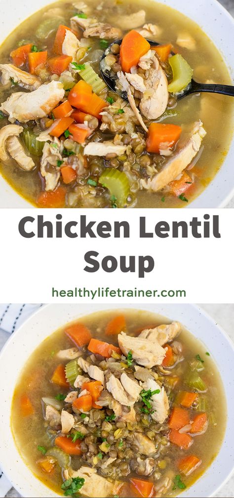 Chicken lentil soup is the perfect soup for cold winter nights. #chickensoup #Lentilsoup #dinnersoup Lentil Chicken Soup, Lentil Chicken, Veggie Lentil Soup, Chicken Lentil Soup, Chicken Lentil, Low Cal Meals, Green Lentil, Canned Lentils, Lentil Soup Recipe