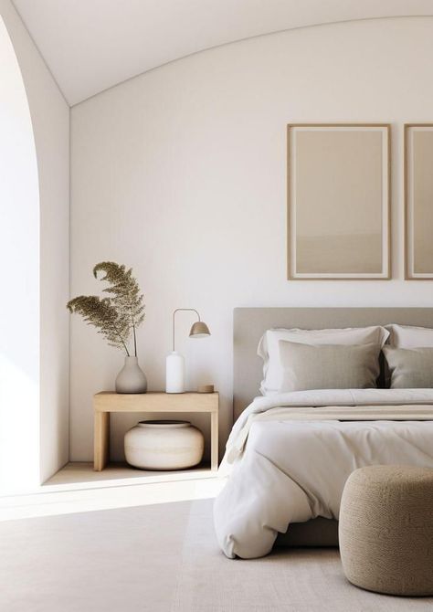 Minimal White Bedroom Aesthetic, Scandi Neutral Bedroom, Minimal Master Room, Bedroom Clean Aesthetic, Masterbedroom Neutral, Neutral Earthy Bedroom, Bedroom Neutral Colors, Grey Bed Frame Bedroom Ideas, Bedroom Serene