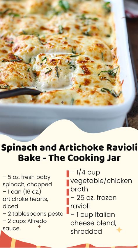 An easy, cheesy rich and creamy spinach and artichoke ravioli bake. Easy to make with regular pantry items from grocery stores! The Ravioli Bake With Spinach, Artichoke Ravioli Bake, Artichoke Ravioli Sauce, Spinach And Mozzarella Ravioli, Spinach Artichoke Ravioli Bake, Spinach Artichoke Ravioli Recipe, Baked Ravioli Frozen, Spinach Artichoke Lasagna Roll Ups, Alfredo Ravioli Bake