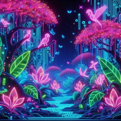 Neon Tropical Aesthetic, Neon Jungle, Electric Forest, Episode Backgrounds, Pretty Backgrounds, Cozy Place, Neon Art, Fairy Garden, Aesthetic Wallpapers