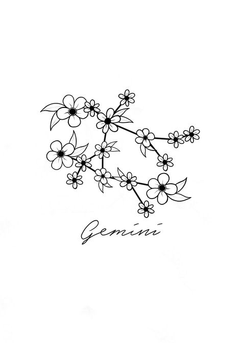 Gemini constellation with a wild flower twist. Gemini And Flower Tattoo, Star Sign Tattoos Gemini, Flower Gemini Tattoo, Gemini Constellation Tattoo Flowers, Gemini Tattoo Flower, Gemini Floral Tattoo, Gemini Flower Tattoo, Gemini Constellation Art, Gemini Constellation Tattoo