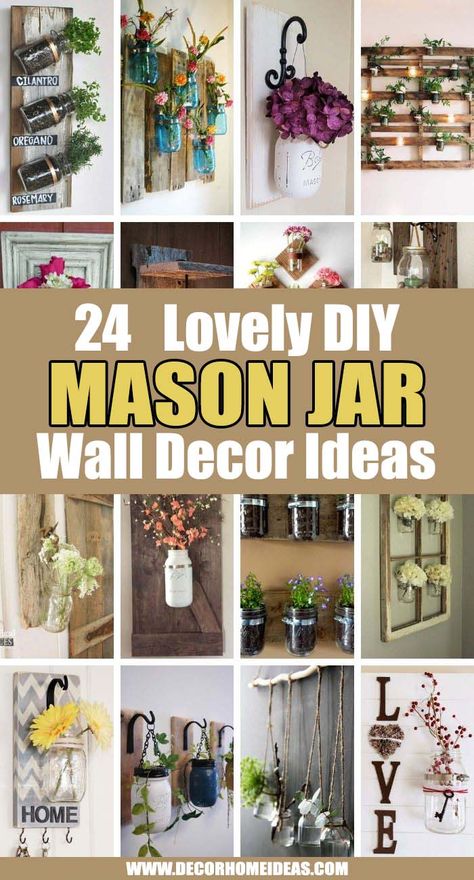 Best Mason Jar Wall Decor Ideas. Bring a touch of this homey, rustic feeling to your house by integrating Mason jars into your decor; these wonderful projects are sure to spark plenty of DIY ideas. #decorhomeideas Jar Decorating Ideas Diy, Large Glass Jar Decorating Ideas, Diy Mason Jar Decor, Jar Decorating Ideas, Mason Jar Wall Decor, Easy Mason Jar Crafts, Mason Jar Holder, Hanging Jars, Mason Jar Kitchen