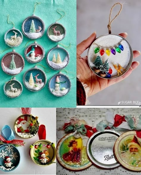 Upcycle Ornaments Diy Projects, Vintage Christmas Decor Ideas Diy, Diy Vintage Christmas Ornaments, Recycled Christmas Crafts, Upcycled Ornaments, Mason Jar Lids Crafts, Repurpose Crafts, Home Christmas Decor Ideas, Musical Gifts