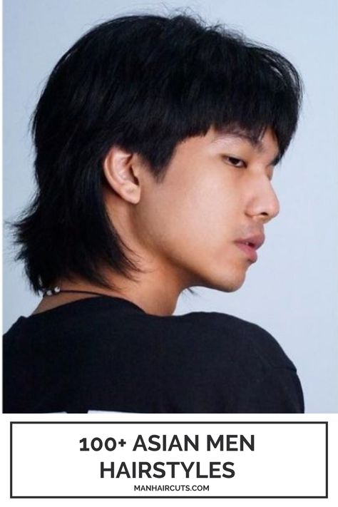 In order to get this Mullet Haircut, ask for a super shaggy hairstyle with long front bangs and chiseled sideburns. Check out this list and find more Asian men hairstyles. #asianmenhairstyle #mullethaircut #menbangs #shaggyhair #menhairstyle #manhaircuts Mullet Hairstyle Men Asian, Bangs On Men, Mullet Hairstyle Asian, Hairstyle Long Hair Men, Men Hairstyle Straight, Mullet Asian Men, Mullet Bangs Men, Mens Hairstyle Straight Hair, Short Mullet With Bangs Men