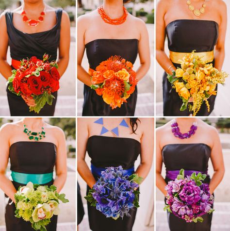 Whimsical Rainbow Wedding: where the bridesmaids wore black and each carried a different color. All the groomsmen wore a different color tux. Maybe not full rainbow, but all the colors you want? Rainbow Bridesmaids, Boda Mexicana, Rainbow Wedding, Mexican Wedding, Wedding Planners, Types Of Flowers, Wedding Bridesmaids, Wedding Bells, Wedding Bouquet