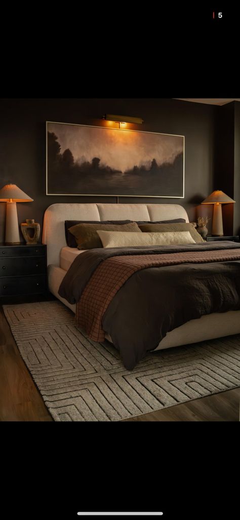 Moody Organic Bedroom, Moody Guest Bedroom, Dark Brown Bedrooms, Earth Tone Bedroom, Side Ideas, Cabin Room, Dark Grey Rooms, Bedroom Hacks, Condo Living Room