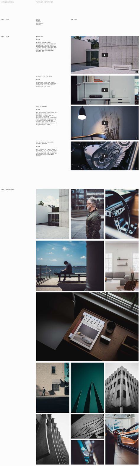 Minimal One Page portfolio with lovely whitespace for NYC filmmaker and photographer Antonio Carusone. Film Portfolio Layout, Photographer Portfolio Website, Filmmaker Website, Photo Portfolio Layout, Filmmaker Portfolio, Figma Portfolio, Film Portfolio, Indesign Portfolio, Grid Vector