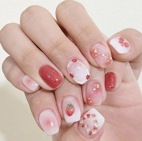 Strawberry Nail Art, Korean Nail, Korean Nail Art, Gel Toe Nails, Hello Nails, Asian Nails, Cute Simple Nails, Blush Nails, Pretty Gel Nails