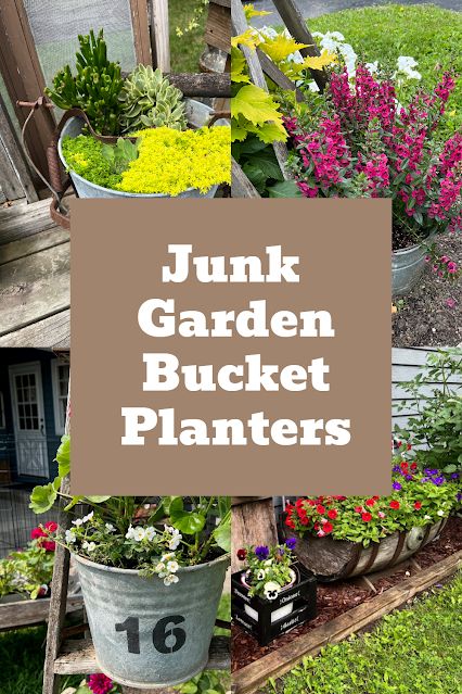 Junk Garden Galvanized Bucket Planter Ideas Wash Bucket Ideas, Flowers In Metal Buckets, Metal Bucket Planter Ideas, Bucket Planter Ideas, Galvanized Bucket Planter Ideas, Bucket Decor Ideas, Galvanized Bucket Planters, Homemade Water Fountains, Bucket Decor