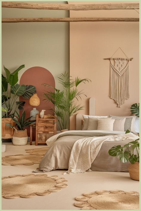 Cozy bohemian bedroom with neutral tones, macramé wall hanging, and lush indoor plants. Healing Bedroom, Clay Bedroom, Earthy Tones Aesthetic, Earthy Modern Bedroom, Earthy Bedroom Aesthetic, Kitchen Flooring Trends, Kitchen Tile Inspiration, Bedroom Aesthetic Ideas, Ensuite Bathroom Designs