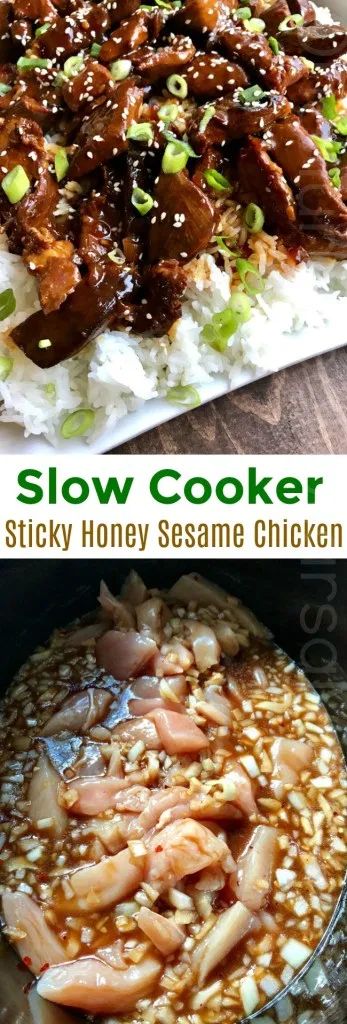 Easy Slow Cooker Recipes- Sticky Honey Sesame Chicken - One Hundred Dollars a Month Sesame Chicken Slow Cooker, Asian Sesame Chicken, Sesame Chicken Crockpot, Slow Cooker Asian, Honey Barbecue Sauce, Honey Barbecue, Honey Sesame Chicken, Honey Sesame, Honey And Soy Sauce