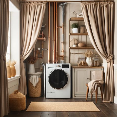 10 Clever Ideas on How to Hide Laundry Room Plumbing - GoTinySpace Hide Washing Machine, Hide Laundry Room, Laundry Room Plumbing, Outdoor Living Small Spaces, Hidden Laundry Rooms, Concealed Laundry, Furnace Room, Hide Pipes, Apple House