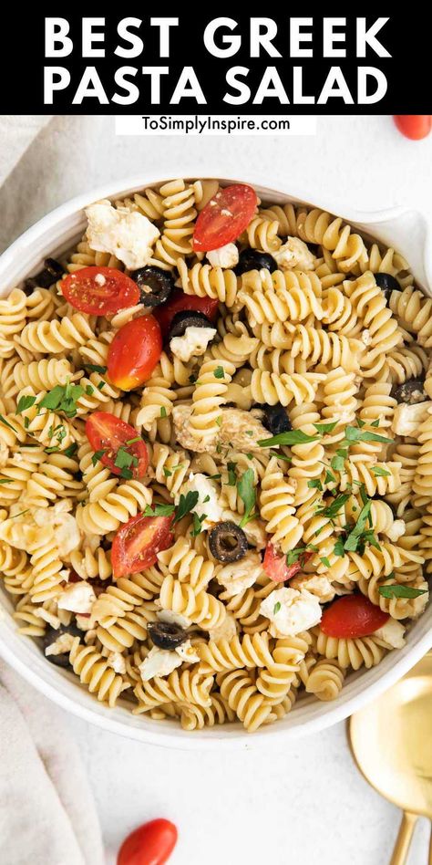 This easy Greek Pasta Salad is brimming with flavors of the Mediterranean using rotini noodles, juicy tomatoes, feta cheese, and black olives coated in a zesty homemade Greek dressing! Easy Greek Pasta Salad, Homemade Greek Dressing, Greek Pasta Salad Recipe, Feta Pasta Salad, Greek Pasta Salad, Potluck Side Dishes, Greek Dressing, Greek Salad Pasta, Best Pasta Salad