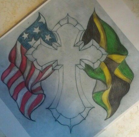 Tattoo#cross#flag#american I'd get the other flag as an Irish flag and throw in a dream catcher for my native American Heritage Jamaican Tattoos, Taurus Bull Tattoos, Tattoo Cross, Irish Tattoos, Cross Tattoo For Men, Jamaican Flag, Bull Tattoos, Cross Flag, Flag Tattoo