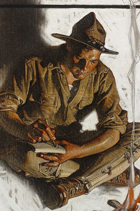 A young WWI soldier writes a letter home in this intimate scene by J.C. Leyendecker. The important work was featured on the October 6, 1917 cover of the Saturday Evening Post. Leyendecker's poignant WWI era works inspired Americans to support the cause. Among the most important American illustrators of his age, Leyendecker is highly collectible ~ America, Fine Art, Illustration, Oil on Canvas, 20th Century ~ M.S. Rau Antiques Joseph Christian Leyendecker, Norman Rockwell Art, American Illustration, Pulp Art, Norman Rockwell, Traditional Paintings, Gay Art, Cthulhu, Caricatures