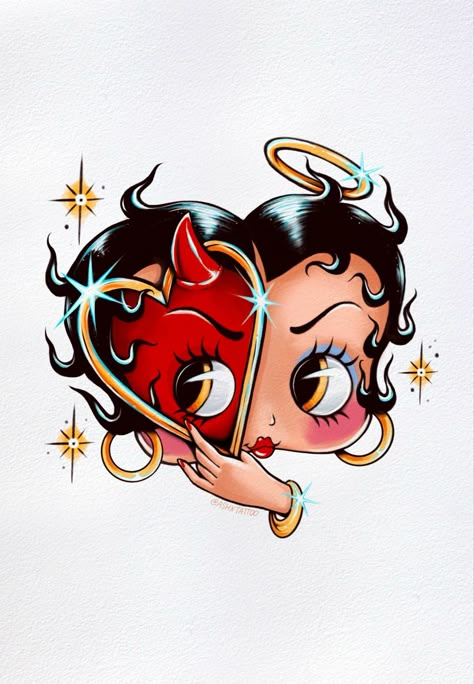 Betty boop devil heart illustration by tattoo artist Ashlie Franks Betty Boop Easy Drawing, Diva Tattoo Ideas, Tattoo Ideas Betty Boop, Betty Boop Room Ideas, Betty Boop Aesthetic Icons, Betty Boop Scorpio, Artist Inspired Tattoos, Black Betty Boop Tattoo, Goth Betty Boop